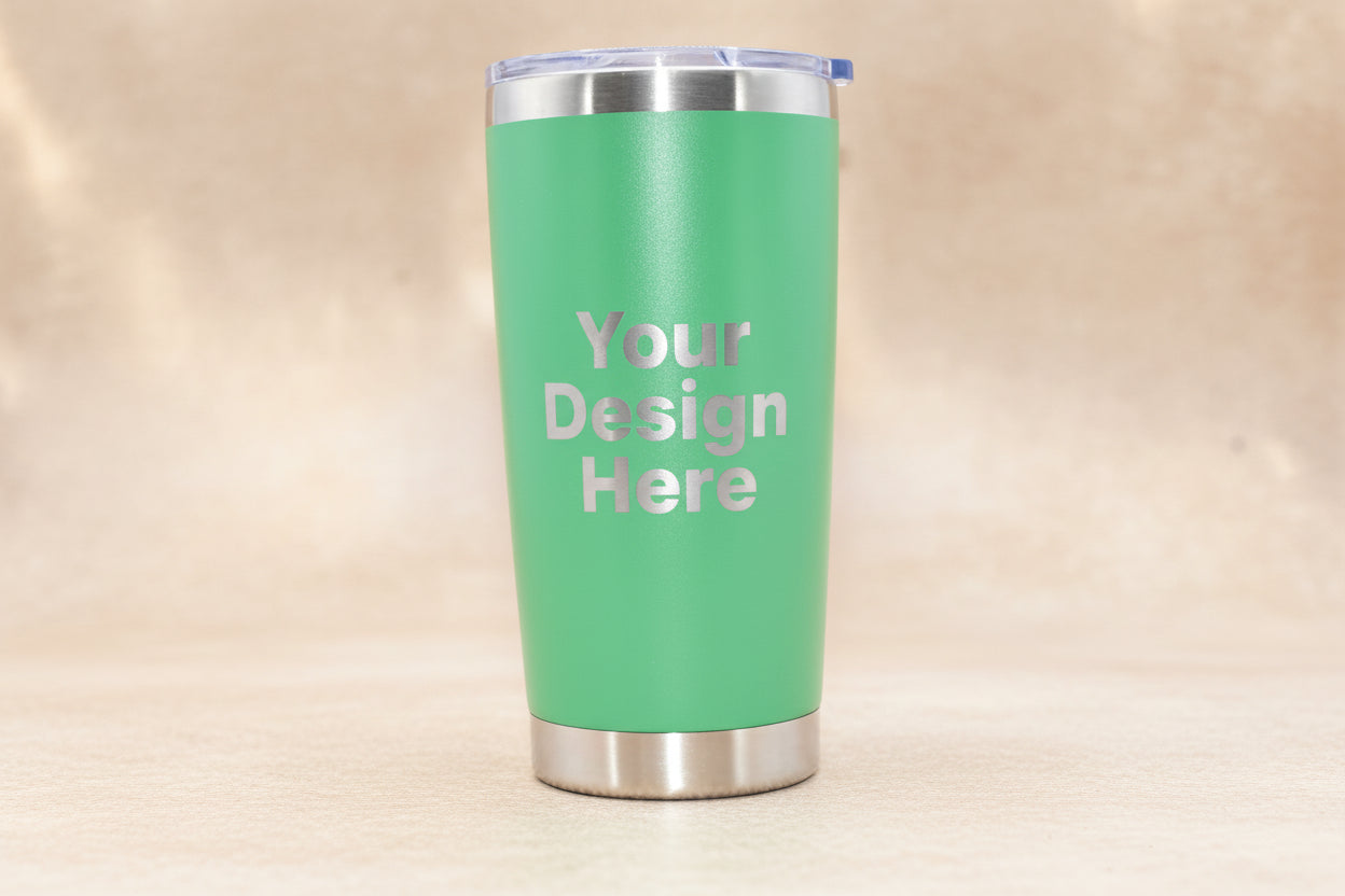Custom 20oz green laser engraved tumbler showing design placement preview area