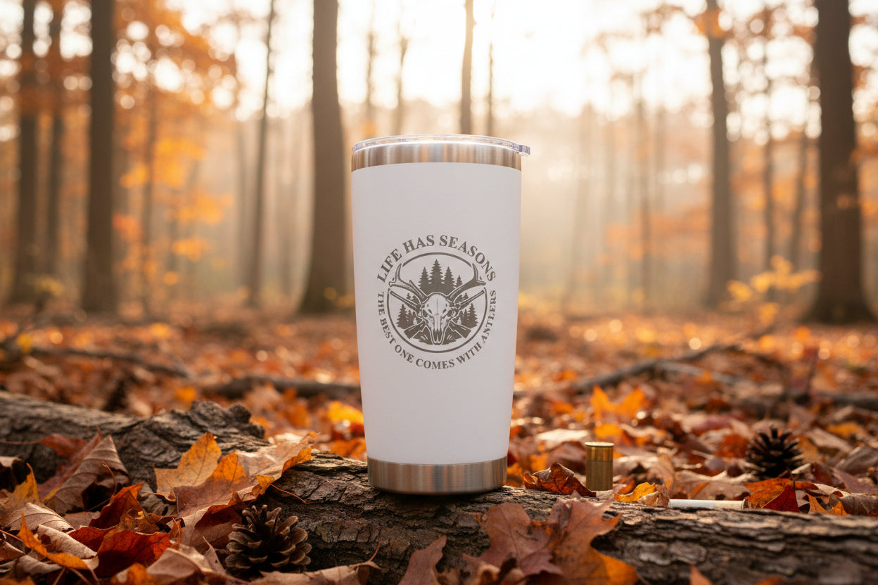 Life Has Seasons hunting tumbler with engraved deer skull and antlers design in black stainless steel