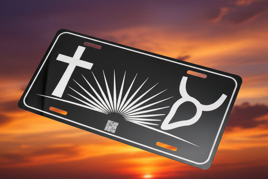 Pictographic Hebrew Aleph Tav license plate laser engraved on black aluminum with starburst