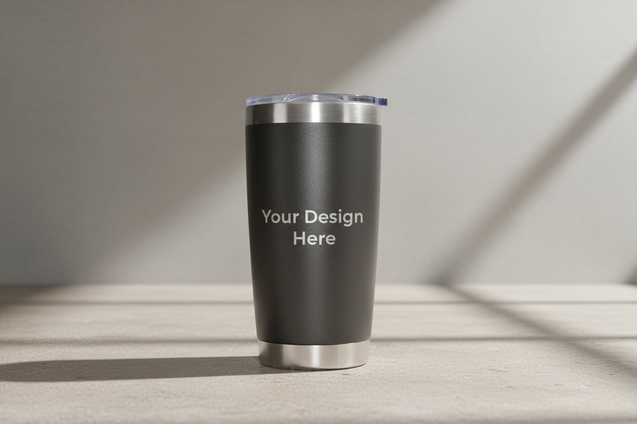 Custom engraved 20oz black stainless steel tumbler with placeholder design area for customer logo upload