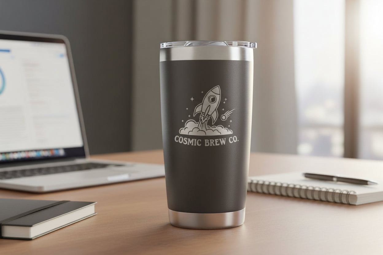 Custom black 20oz tumbler with customer logo engraved