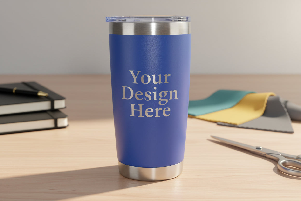 20oz blue stainless steel tumbler custom engraving mockup with business logo upload area