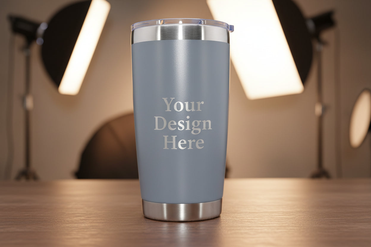 Gray 20oz laser engraved stainless steel tumbler custom logo mockup