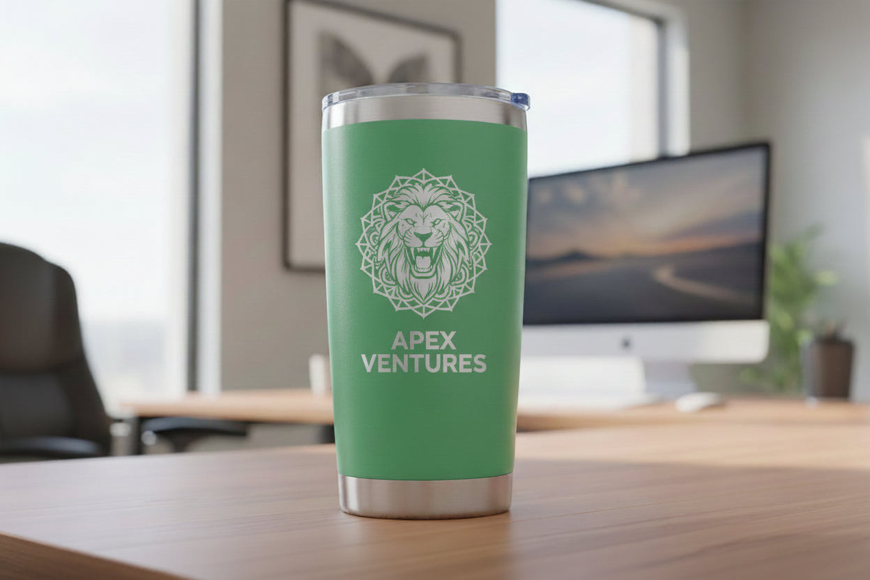 Custom 20z tumbler with customer engraved log and bulk pricing banner