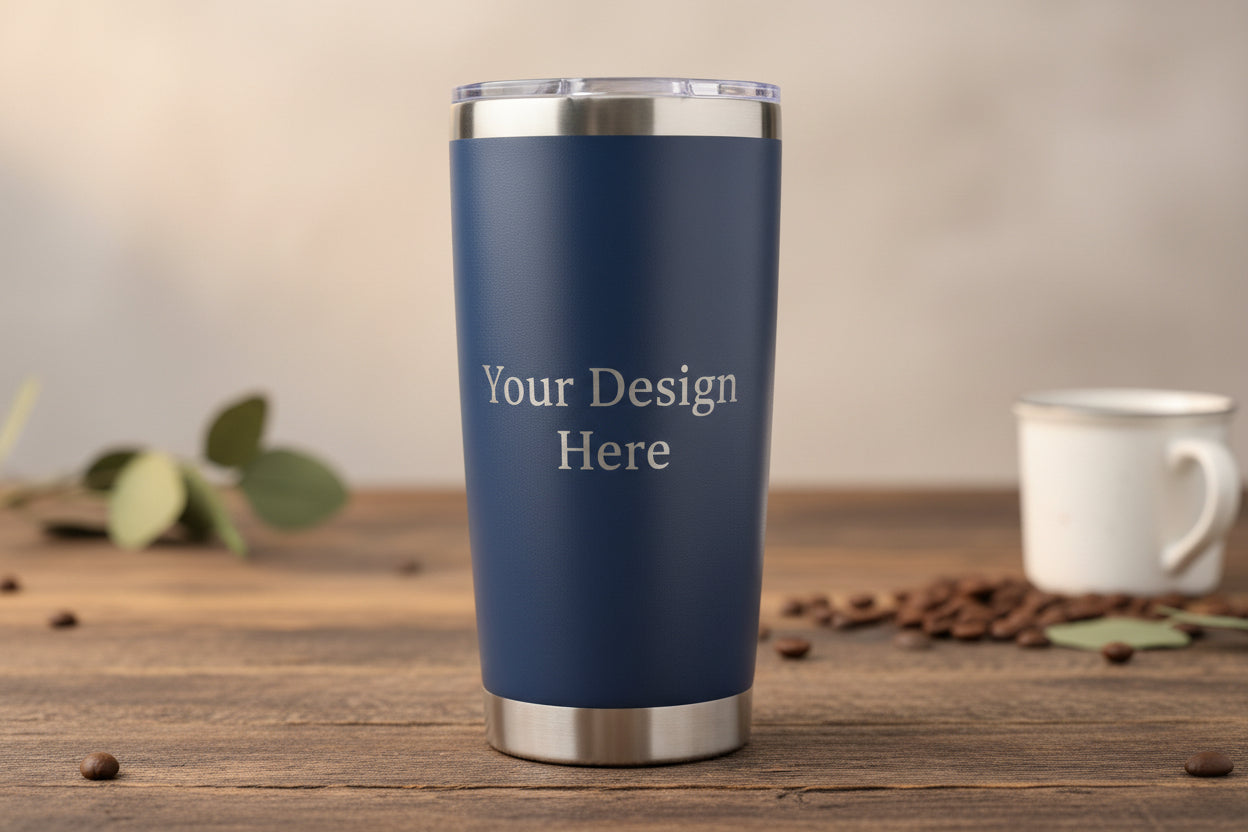 Navy 20oz laser engraved stainless steel tumbler custom logo mockup