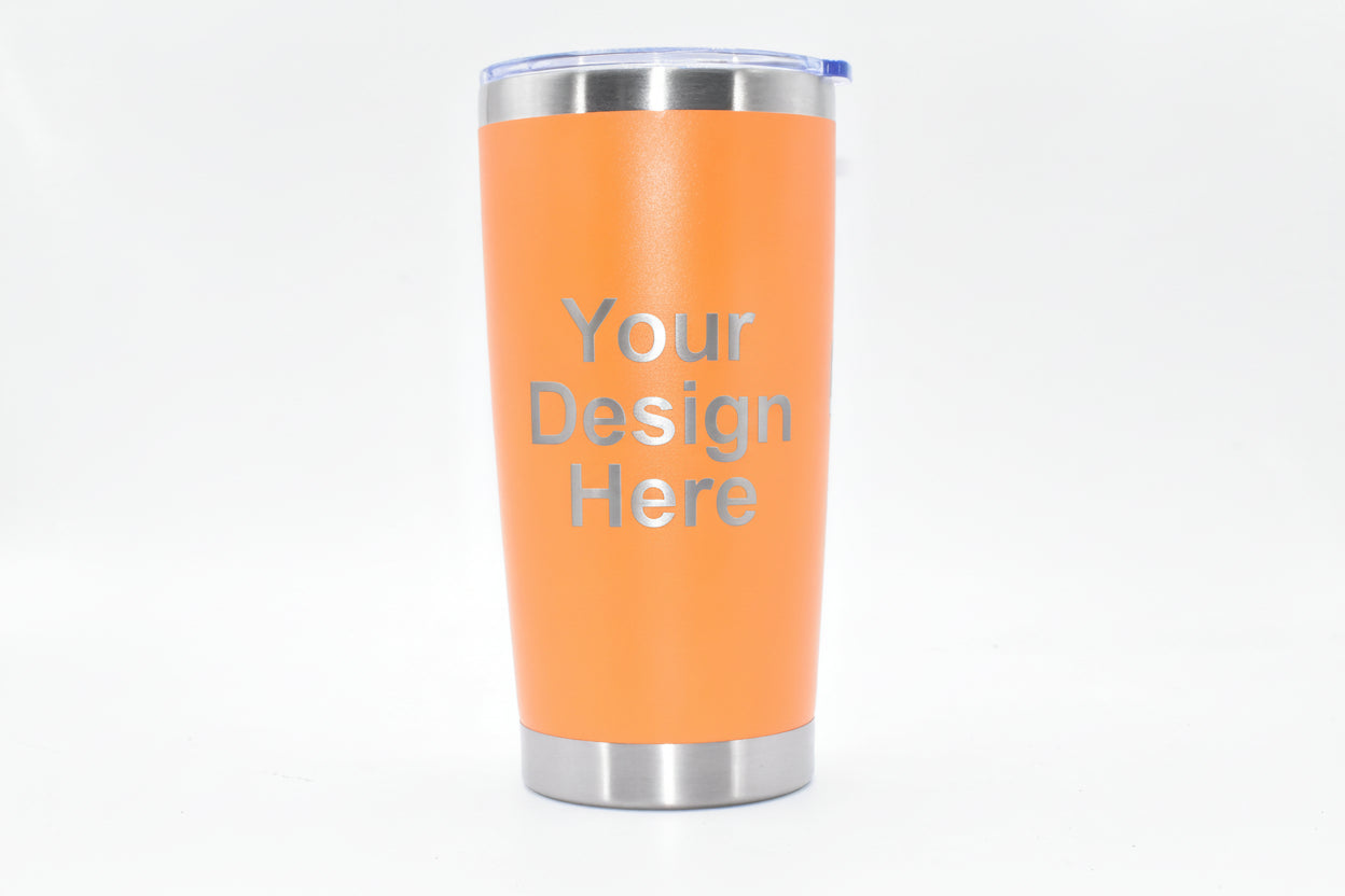 Custom 20oz orange laser engraved tumbler showing design placement preview area