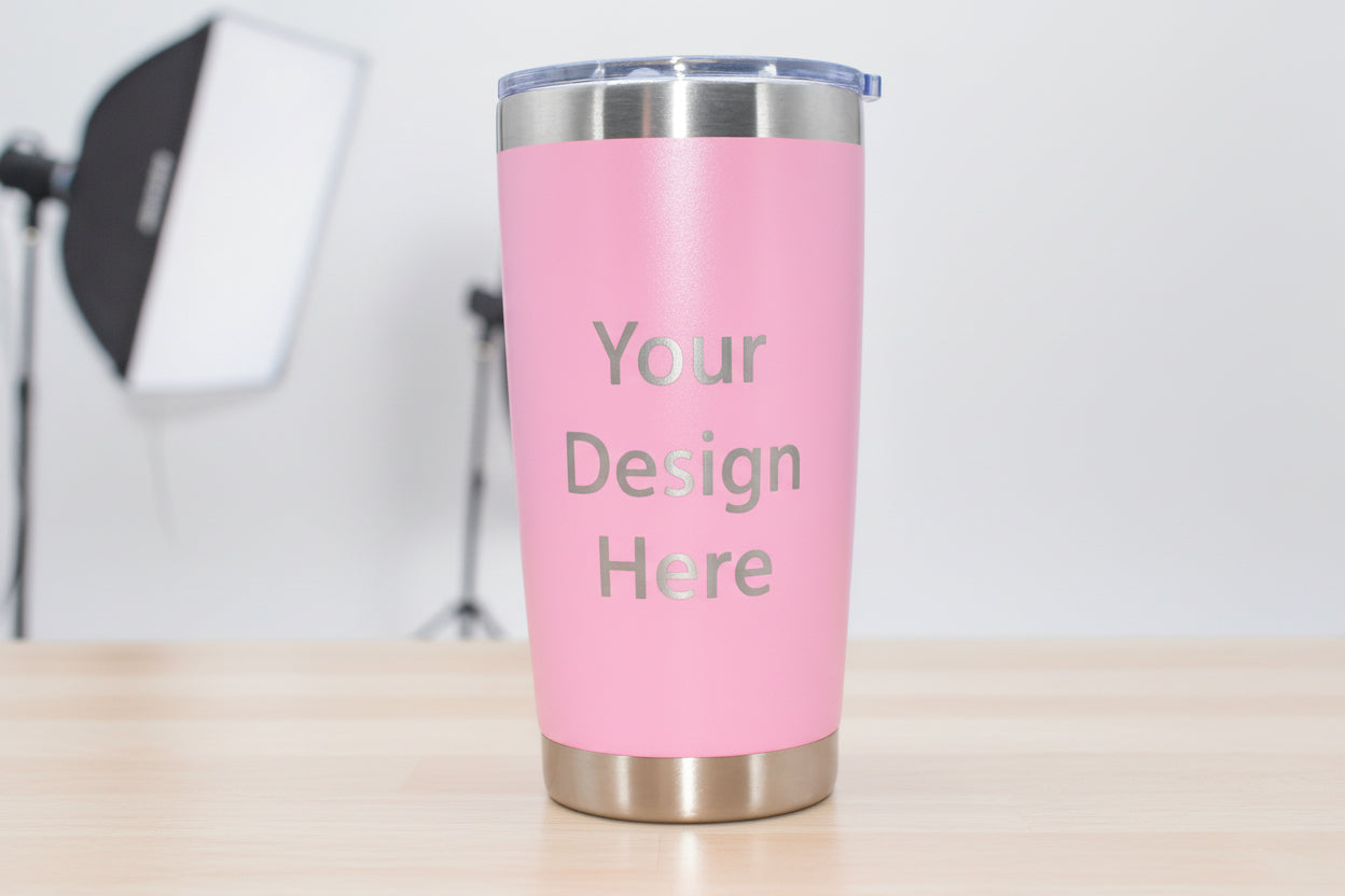 Pink 20oz custom engraved stainless steel tumbler with editable logo placement area
