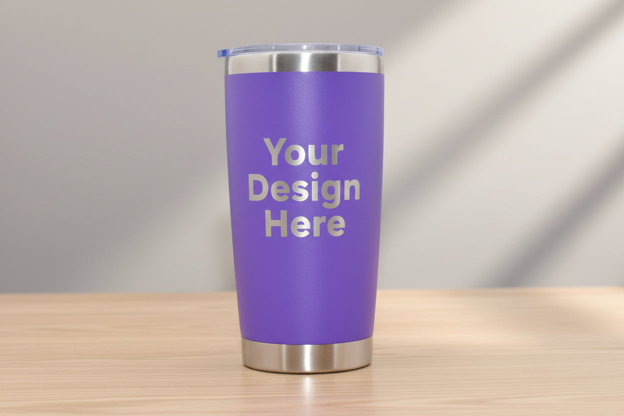 Purple 20oz stainless steel tumbler laser engraving mockup for custom design upload