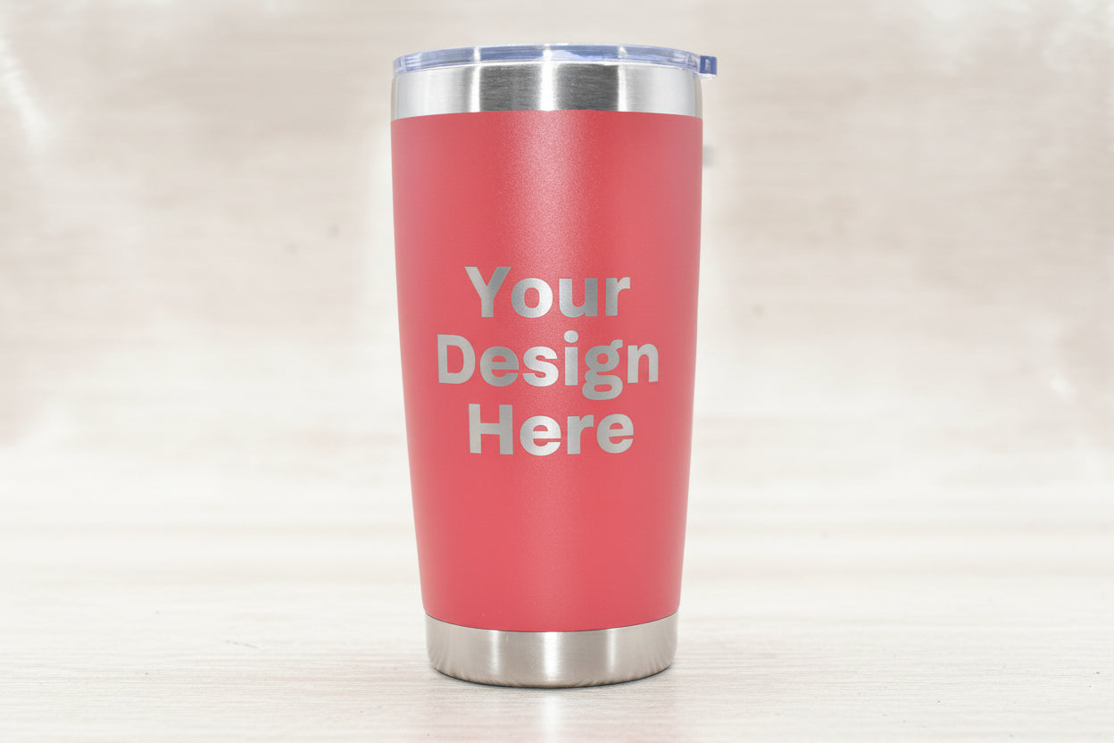 Custom engraved 20oz red stainless steel tumbler mockup showing logo placement area for custom engraving