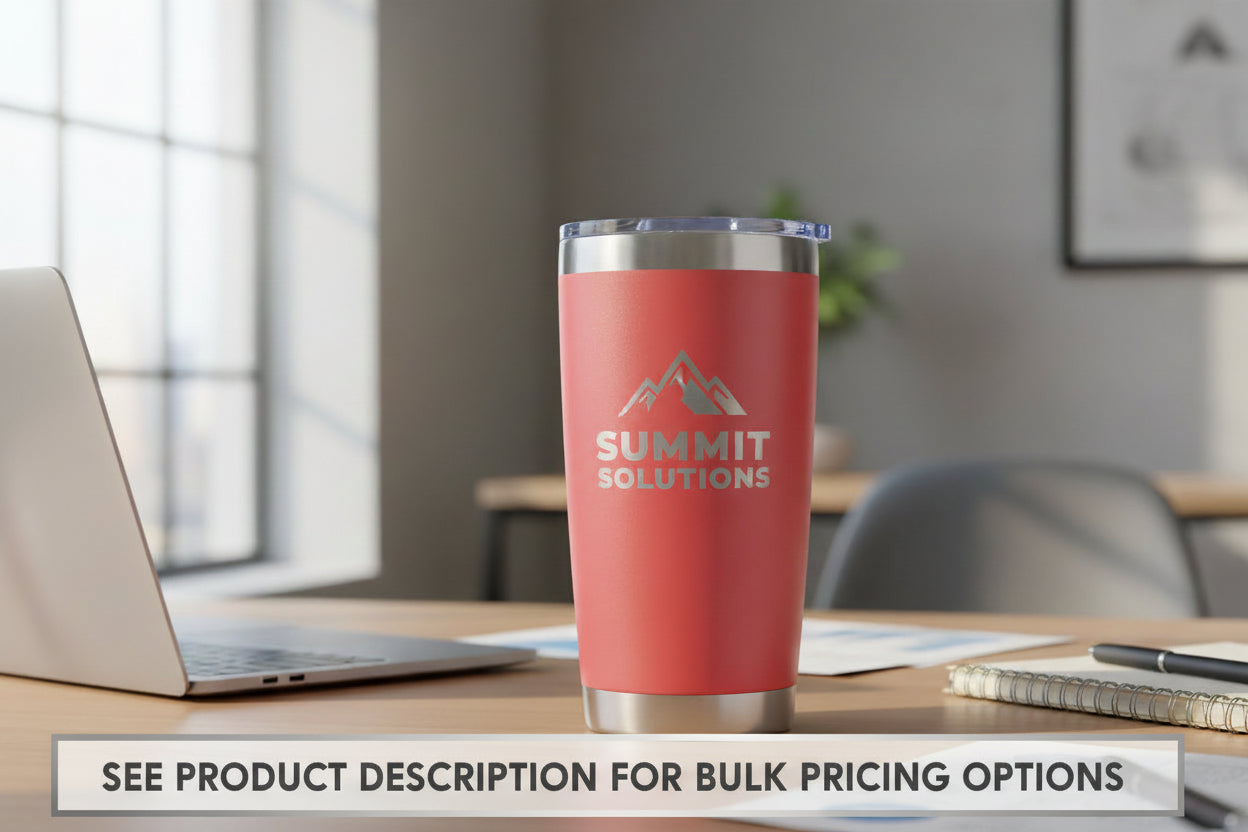 Custom 20oz red tumbler with customer logo engraved on it