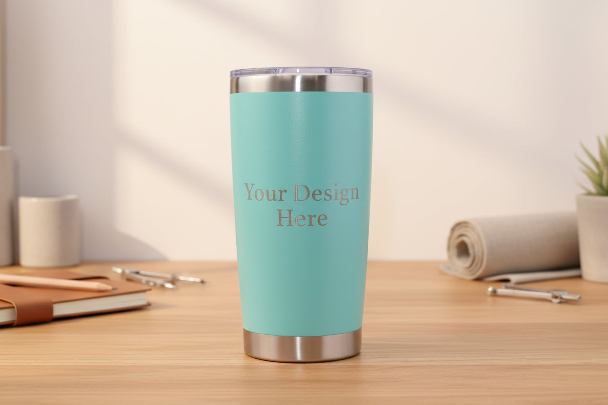 Teal 20oz custom stainless steel tumbler with logo engraving preview area