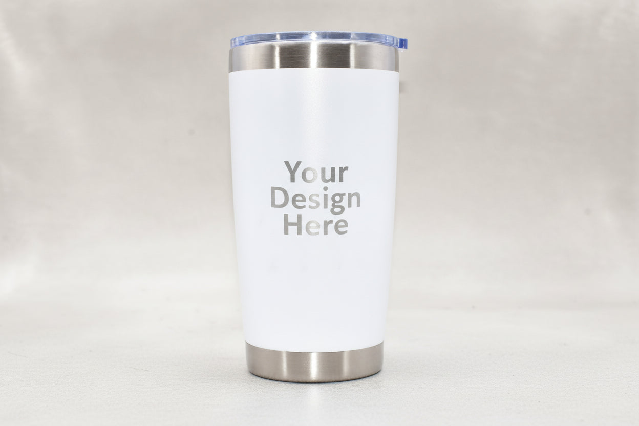 White 20oz stainless steel tumbler custom logo engraving mockup preview