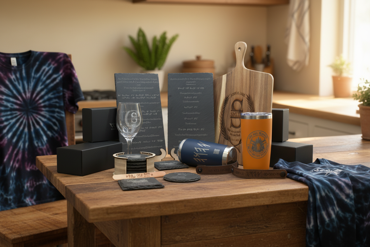 Table with tie-dye shirt, glass, can, and cup in a kitchen setting