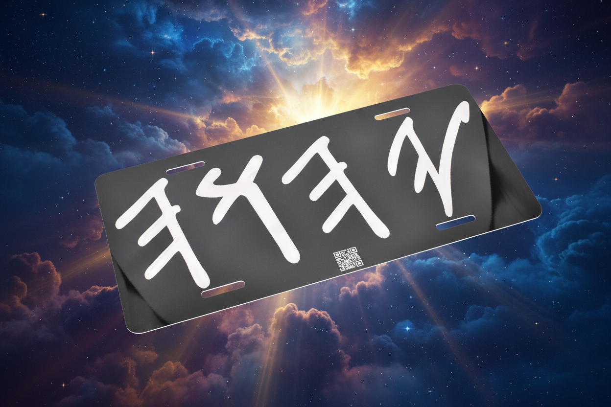 Paleo Hebrew YHWH Yod He Vav He engraved black metal license plate