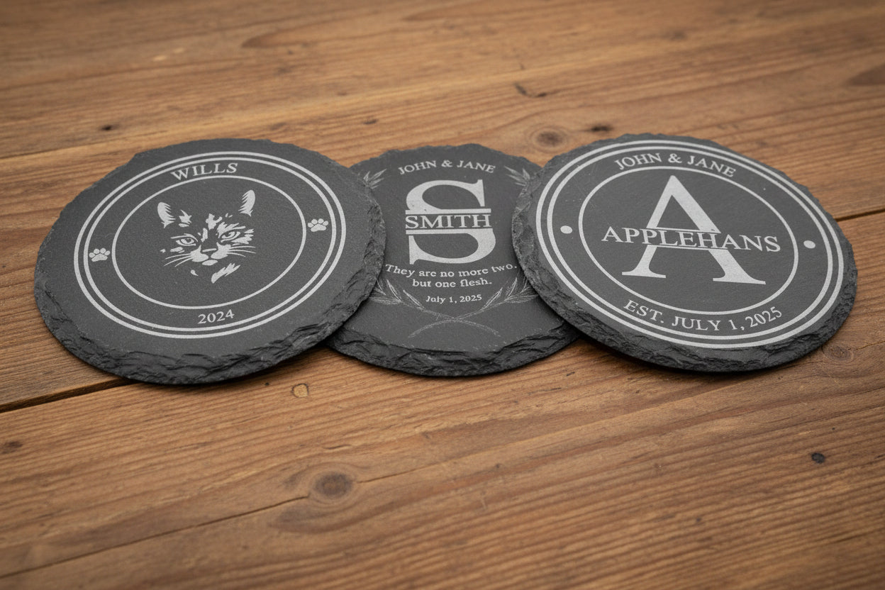 Samples of round housewarming and wedding coaster gift sets