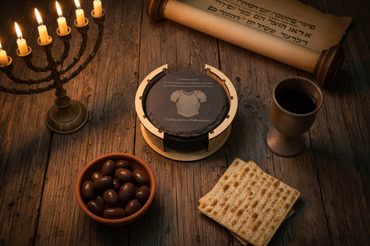 Round full armor of od slate coaster gift set with laser-cut holder