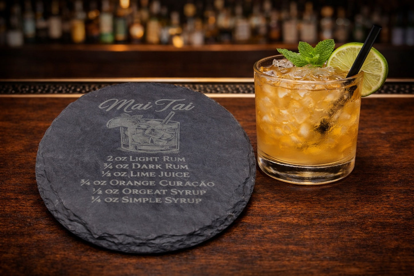 Engraved slate Mai Tai rum coaster