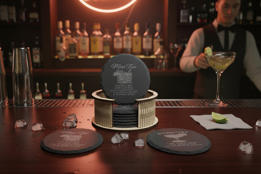 Round slate cocktail coaster gift set with laser-cut holder
