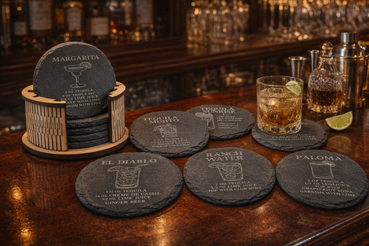 Round slate tequila recipe coaster set of six with laser-cut holder