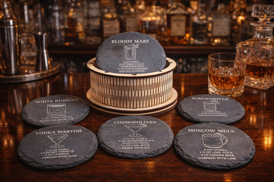 Round slate vodka recipe coaster set of six with Laser cut holder