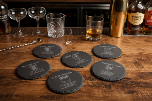 Round slate whiskey recipe coaster set of six