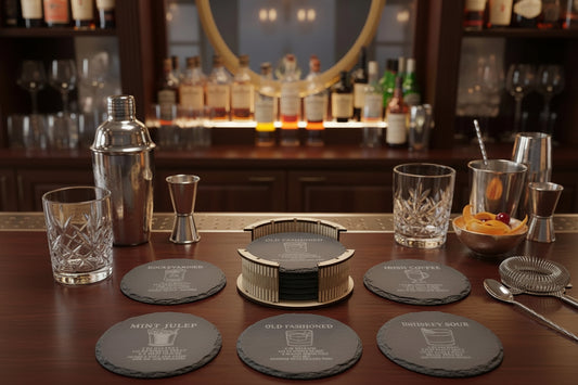Round slate whiskey recipe coaster set of six with holder