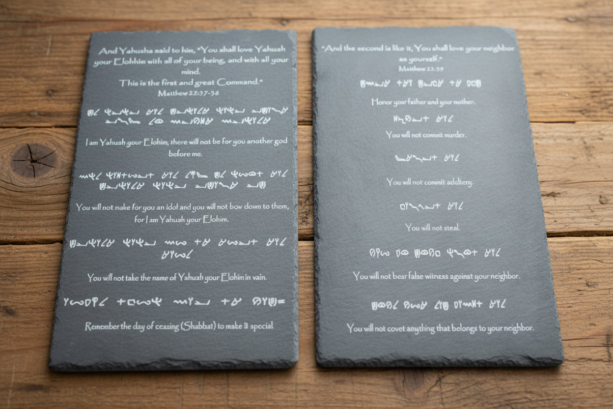 Slate Ten Commandments tablets engraved in Picto Hebrew and English