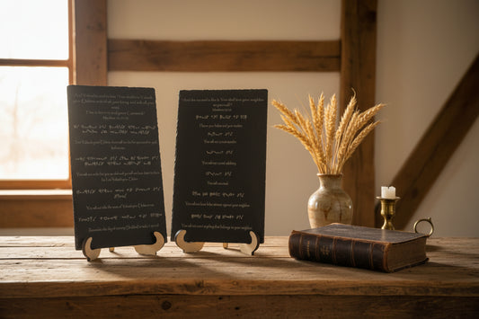 Slate Ten Commandments tablets engraved in Picto Hebrew and English