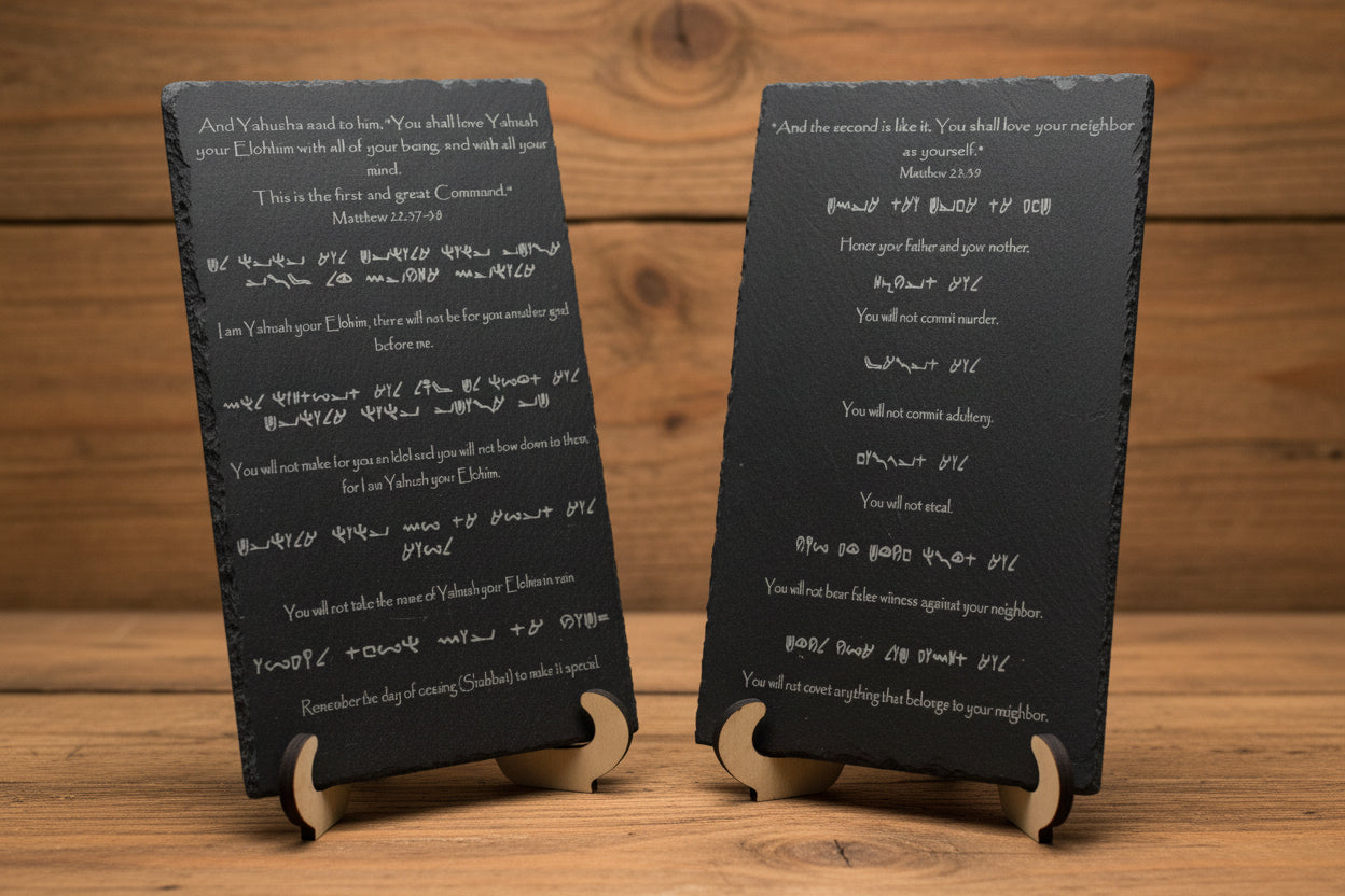 Slate Ten Commandments tablets engraved in Picto Hebrew and English