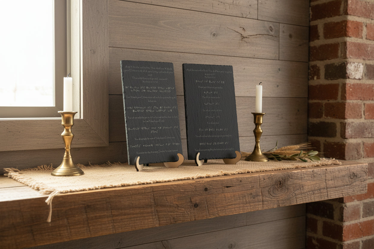 Slate Ten Commandments tablets engraved in Picto Hebrew and English