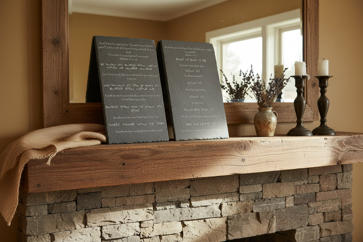 Slate Ten Commandments tablets engraved in Picto Hebrew and English