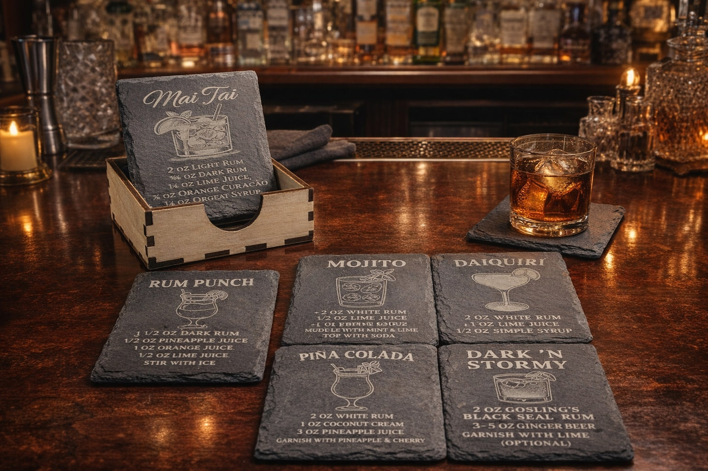 Square  slate cocktail coaster gift set with laser cut holder