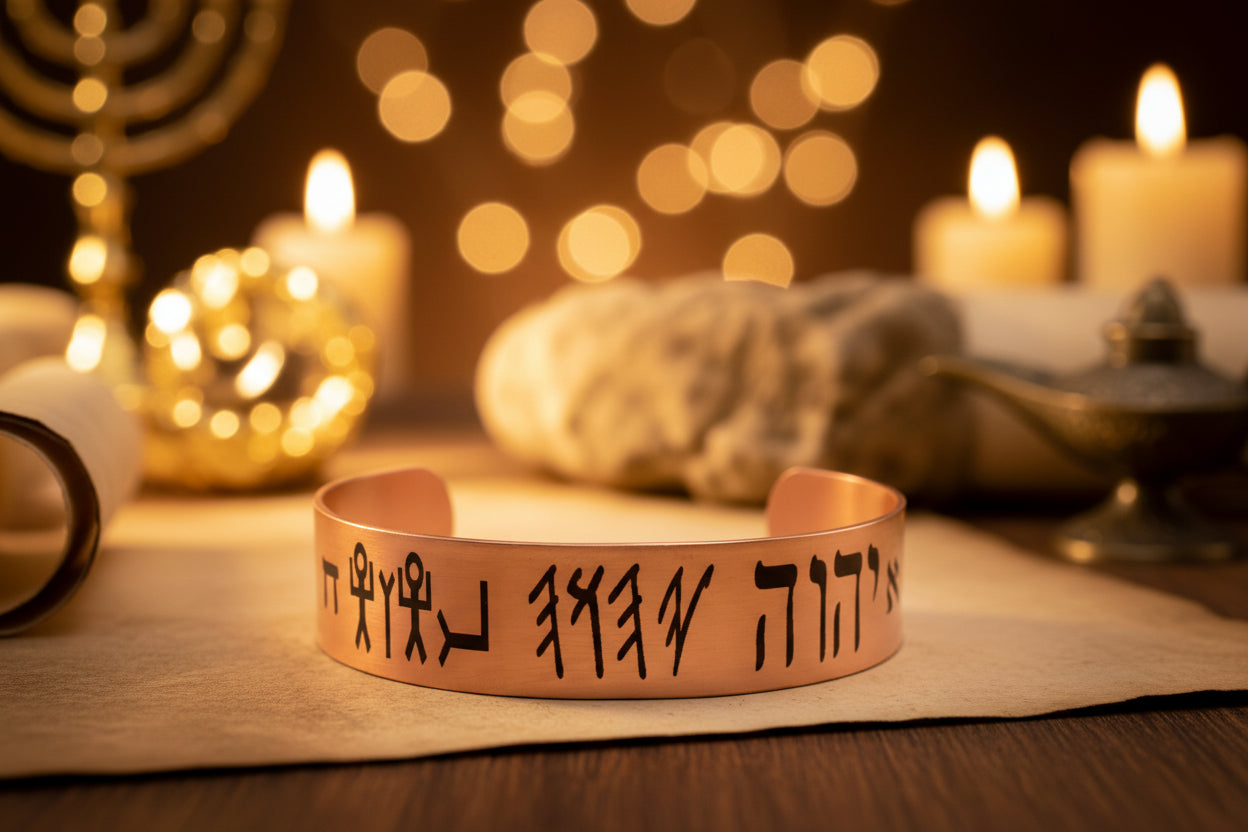 Aleph Tav Copper Bracelet Front Engraving Detail