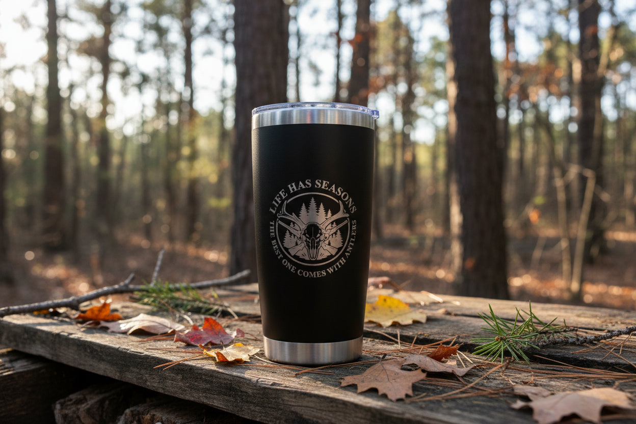 Life Has Seasons hunting tumbler with engraved deer skull and antlers design in black stainless steel