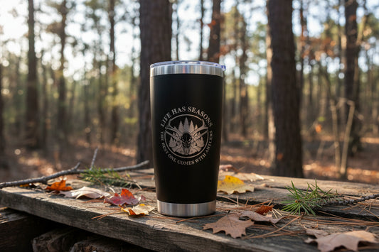 Life Has Seasons hunting tumbler with engraved deer skull and antlers design in black stainless steel