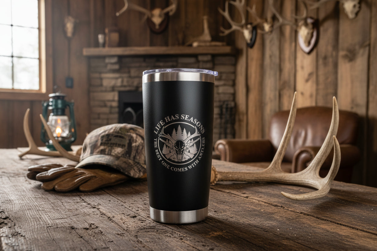 Life Has Seasons hunting tumbler with engraved deer skull and antlers design in black stainless steel