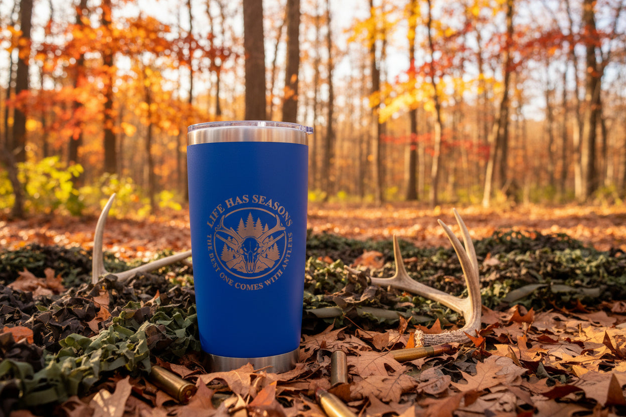 Life Has Seasons hunting tumbler with engraved deer skull and antlers design in black stainless steel