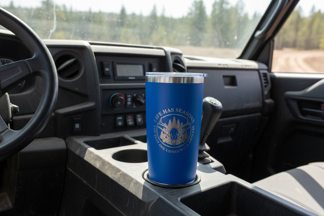 Life Has Seasons hunting tumbler with engraved deer skull and antlers design in black stainless steel