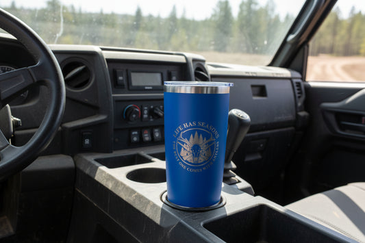Life Has Seasons hunting tumbler with engraved deer skull and antlers design in black stainless steel