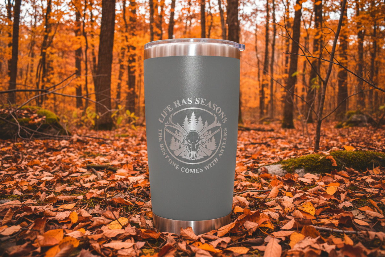 Life Has Seasons hunting tumbler with engraved deer skull and antlers design in black stainless steel