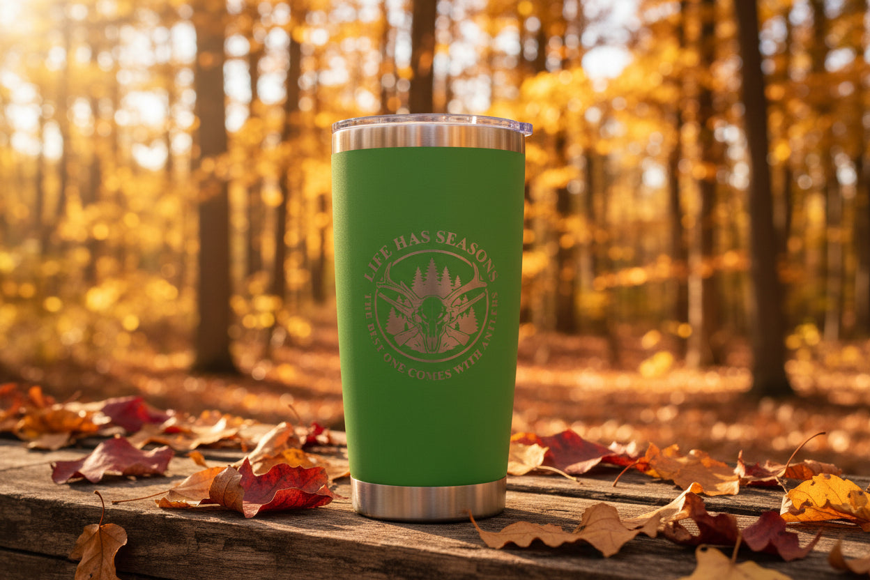 Life Has Seasons hunting tumbler with engraved deer skull and antlers design in black stainless steel