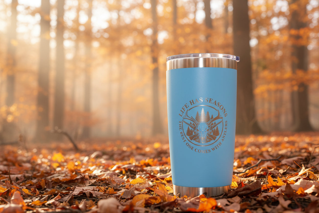 Life Has Seasons hunting tumbler with engraved deer skull and antlers design in black stainless steel