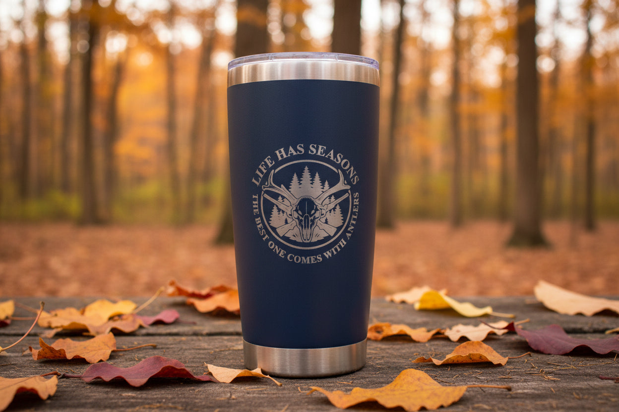 Life Has Seasons hunting tumbler with engraved deer skull and antlers design in black stainless steel