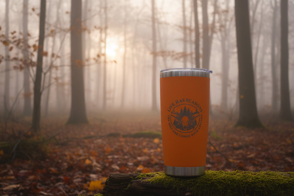 Life Has Seasons hunting tumbler with engraved deer skull and antlers design in black stainless steel