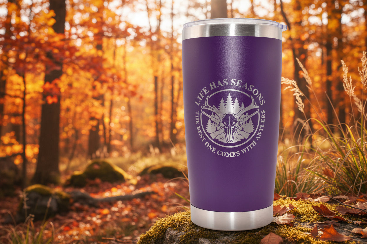 Life Has Seasons hunting tumbler with engraved deer skull and antlers design in black stainless steel