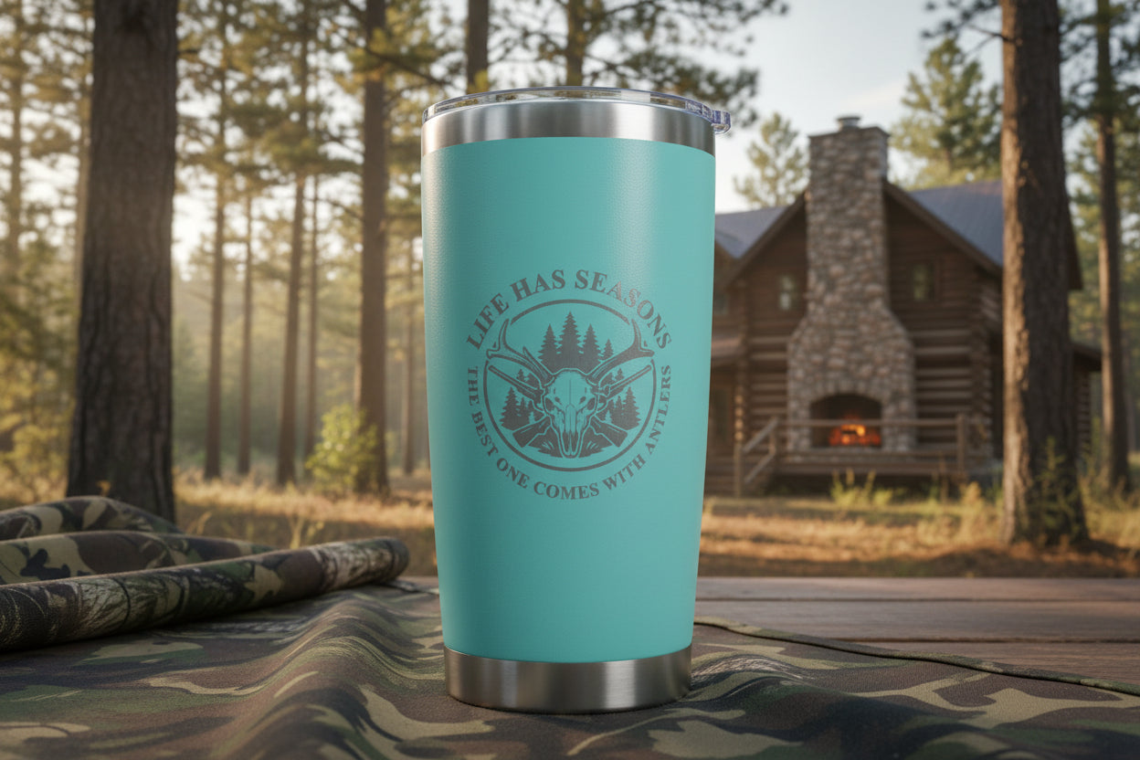 Life Has Seasons hunting tumbler with engraved deer skull and antlers design in black stainless steel